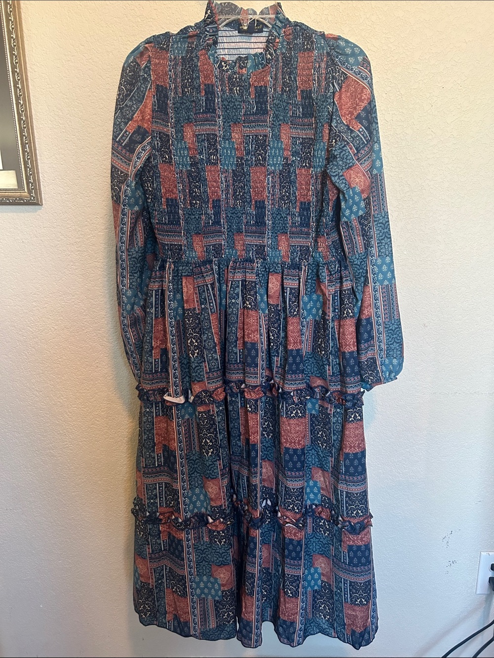 Simply Southern Teal and Rust Patchwork Long-Sleeve Midi Dress